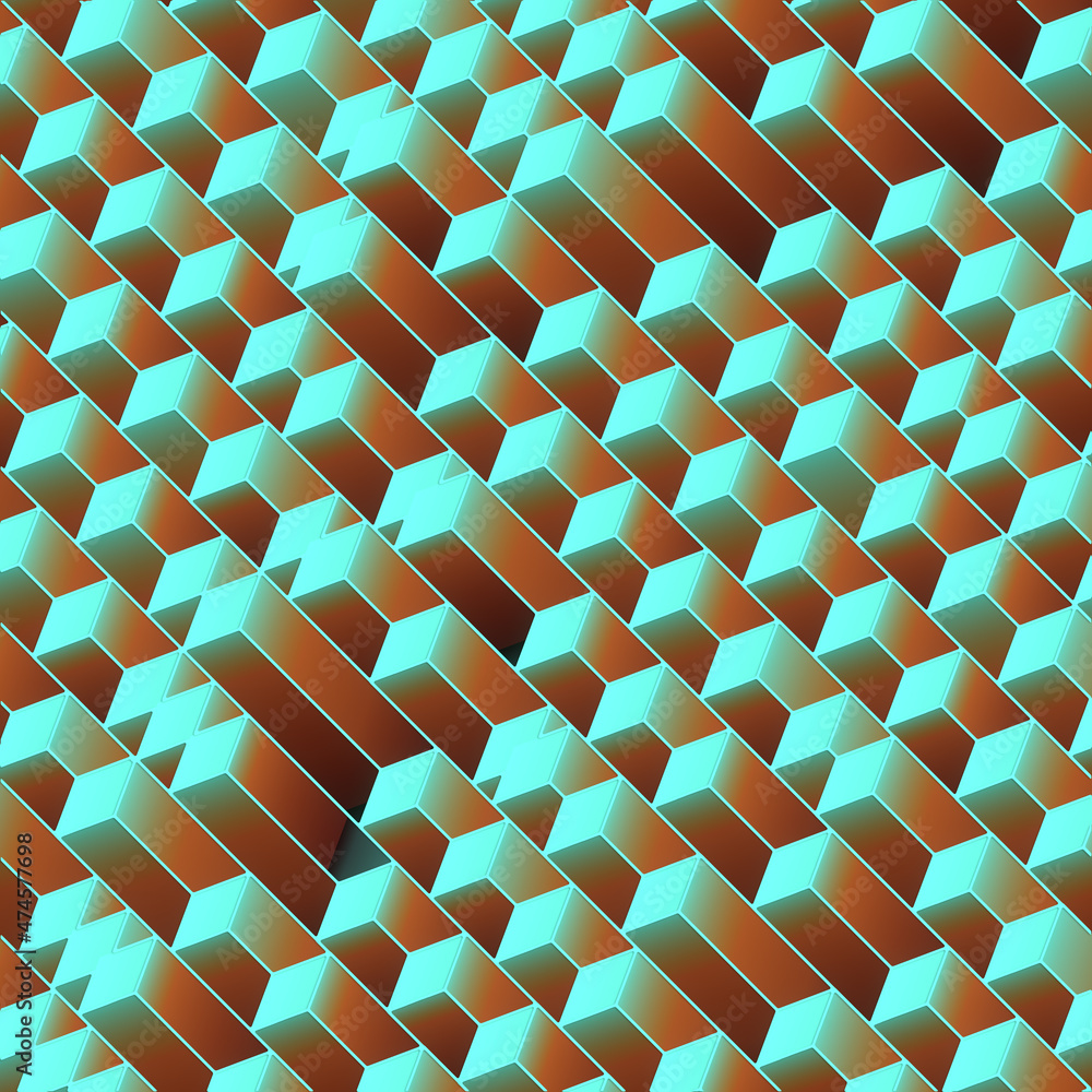 Poster line art pattern with colored isometric rectangles. modern graphic art. 3d rendering digital illustr