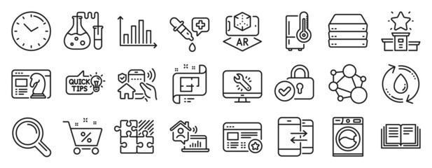 Fototapeta na wymiar Set of Technology icons, such as Integrity, Washing machine, Verified locker icons. Education idea, Time, Puzzle game signs. Diagram graph, Seo strategy, Refrigerator. Favorite, Research. Vector