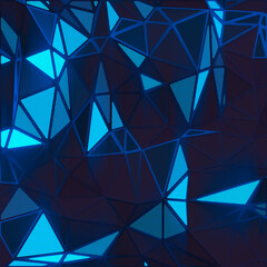 Futuristic triangular geometric background with glowing blue light areas. Abstract 3d rendering illustration