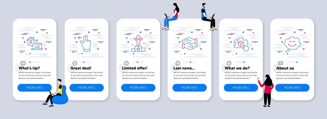 People icons set. UI phone app screens with teamwork. Included icon as Touchscreen gesture, Augmented reality, Winner signs. Work home, Helping hand, Smile line icons. Vector