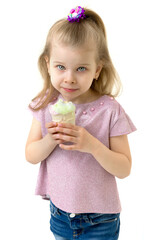 Little girl in casual outfit eating ice cream