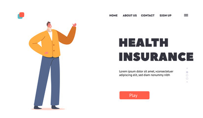 Health Insurance Landing Page Template. Injured Patient Character with Neck Brace. Bandaged Man with Cervical Injury
