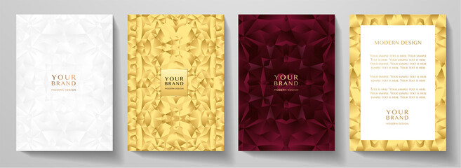 Premium cover, frame design set. Luxury geometric pattern in gold, red, white color. Creative vector background for brochure template, notebook, invite, luxe menu