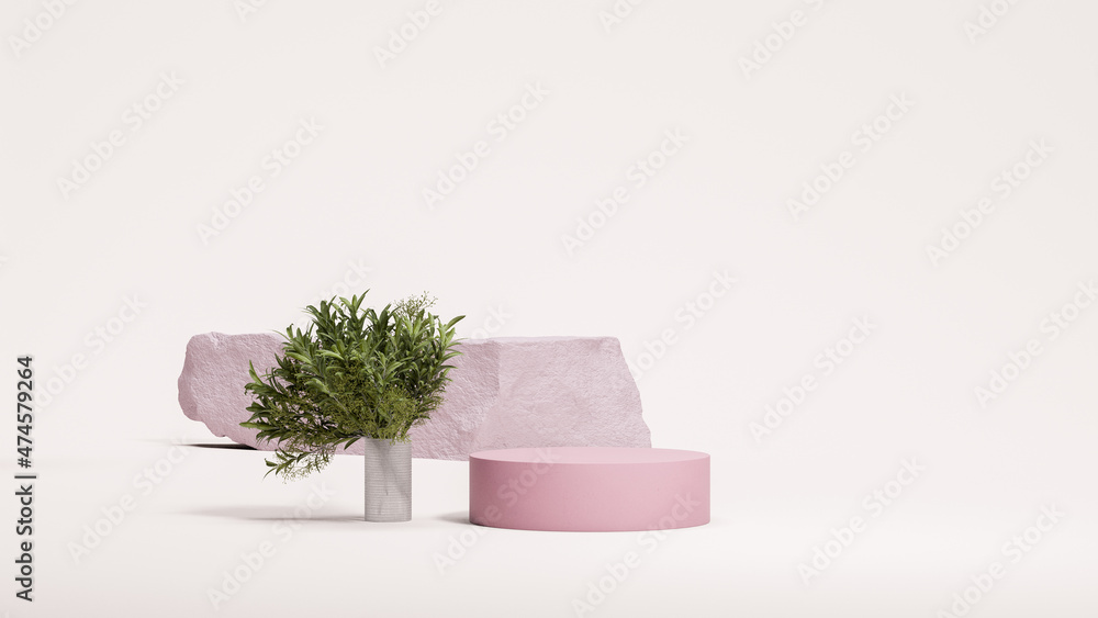 Poster pink round podium display as showcase near concrete pedestal and small olive tree on white backgroun