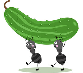 Two ants carrying a fresh green cucumber