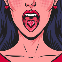 Woman's face with open mouth and heart shaped candy on her tongue. Vector comic hand drawn retro illustration. Pop art poster.