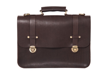 brown genuine leather briefcase with metal clasps, insulated on a white background