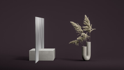 Square concrete showcase Intersected by matt blank glass, geometric vase with pampas grass on burgundy background. Empty space. 3D rendering.