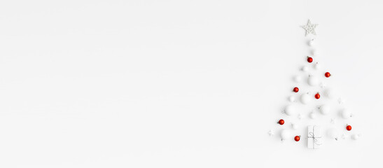 Christmas, holiday banner made form white and red baubles on white background. Banner.
