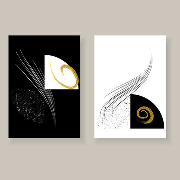 Set of minimal elegant wall decor posters. Black, white and gold brush strokes with grunge texture and geometric shapes. Creative templates for parties, cards, posters, covers, labels, home decor.