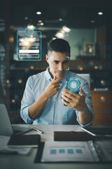 A businessman using face scan to cyber security for his saving account, business, technology and...