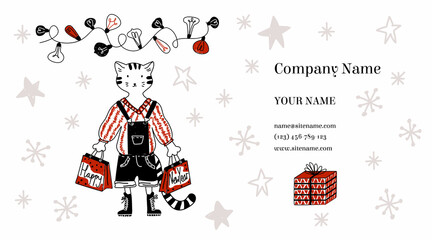 Vector business card layout with concept celebrating winter holidays, New Year, Christmas. It can be used for shops, companies that arrange holidays. Cat with gift bags, gift box, Christmas Light.
