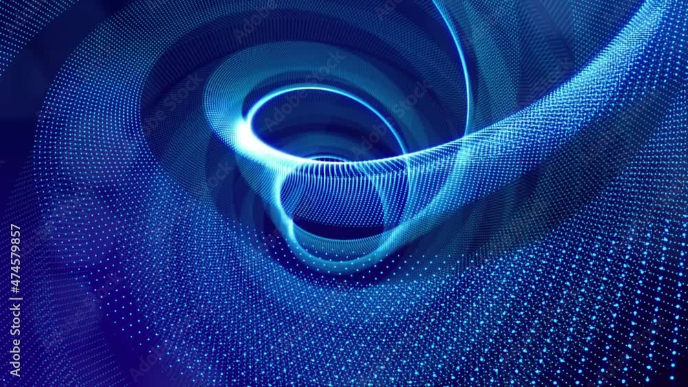 Poster blue high tech bg with glow particles form complex spiral structure. 3d looped sci-fi bg digital spa