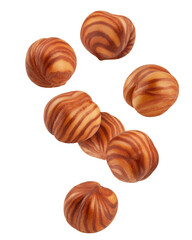 Falling Hazelnut peeled, isolated on white background, clipping path, full depth of field