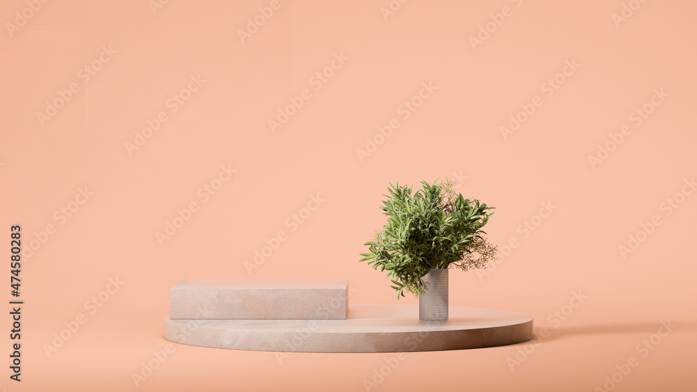 Poster square showcase and palm tree in vase on round podium display on pale peach colored background. mini