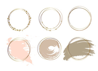 Vector trendy frame set.  Paint stroke in gold round frame