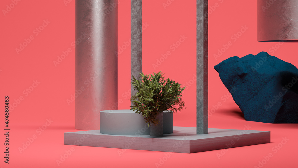 Poster round showcase on square podium display near gray arc, plant, stone and different abstract figures o