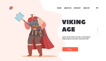 Viking Age Landing Page Template. Barbarian Male Character with Long Beard Wearing Horned Helmet, Boots and Cape