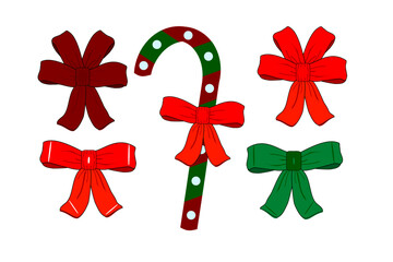 Christmas candy cane, bows, ribbon, multicolored illustration, on a white background, for print and design