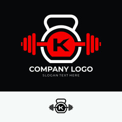 Letter K Logo With barbell and kettlebell | Fitness Gym Logo | Vector Illustration of k Logo Design