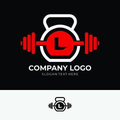 Letter L Logo With barbell and kettlebell | Fitness Gym Logo | Vector Illustration of l Logo Design