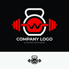 Letter W Logo With barbell and kettlebell | Fitness Gym Logo | Vector Illustration of w Logo Design