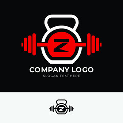 Letter Z Logo With barbell and kettlebell | Fitness Gym Logo | Vector Illustration of z Logo Design