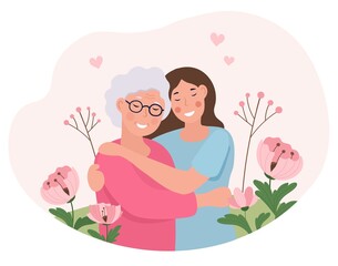 Concept of mothers day. Girl hugs her grandmother. Characters love each other. Design for greeting and invitation cards, postcards. Nature, care, spring, flower. Cartoon flat vector illustration