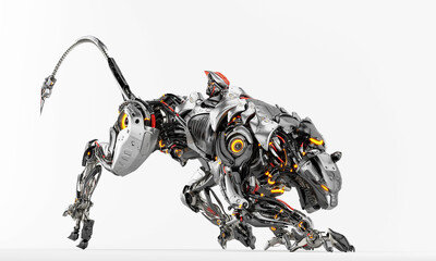 Robot panther in side creeping pose with strong, dangerous tail, 3d render on light background