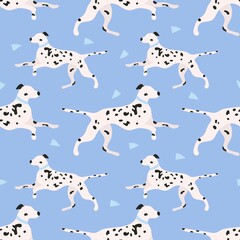 Dalmatian dog seamless pattern on blue background