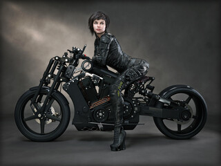 Fototapeta na wymiar Portrait of a futuristic sci fi female and her custom black motorcycle with a studio backdrop. 3d rendering