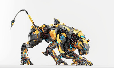 Yellow robot panther in side creeping pose with strong, dangerous tail, 3d render on light background