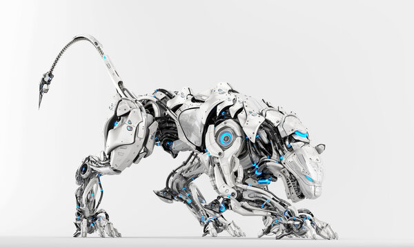 Silver robot panther in side creeping pose with strong, dangerous tail, 3d render on light background