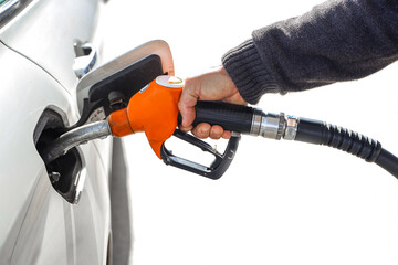 Selective Focus, Focused on Gas hose, Man holding gas hose, gasoline pump nozzle isolated on white...