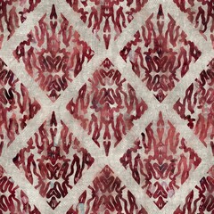 Seamless tribal ethnic damask rug motif for surface pattern design and print. High quality illustration. Grungy trendy boho design in red and textured cream. Resembles indian mehndi henna. Diamond geo