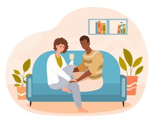 Worried woman at home. Man came to support his girlfriend. Comfortable apartment, tea party, modern interior. Metaphor of friendship and help. Depression, sad person. Cartoon flat vector illustration
