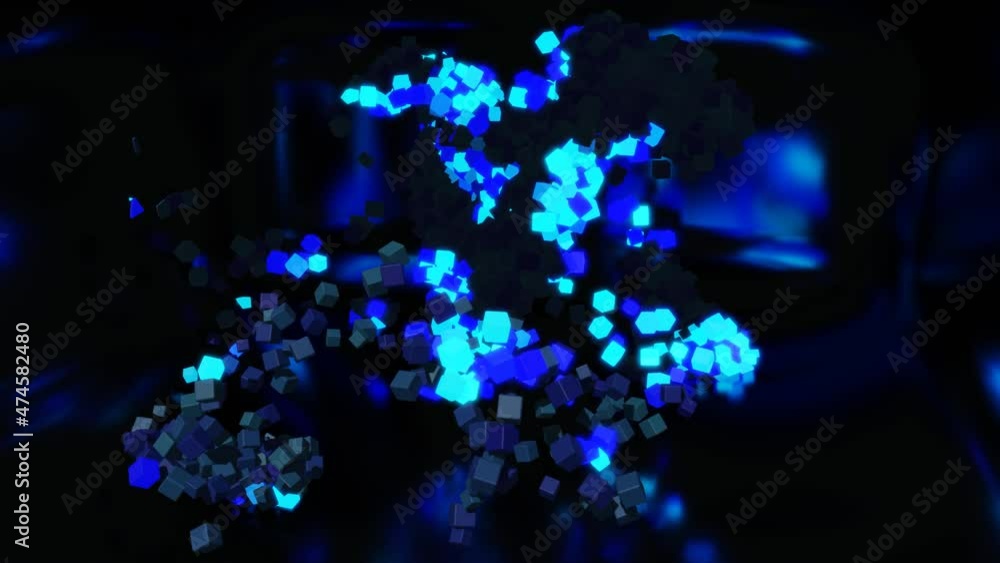 Poster blue cubes fly in air and form pattern in 3d space. cubes light up and go out like a new year's garl