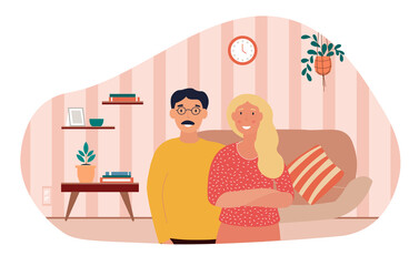 Portrait of senior couple. Man and girl hugging against background of modern interior. Cozy and comfortable apartment. Family resting together after working day. Cartoon flat vector illustration