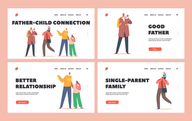 Happy Fathers Connection with Children Landing Page Template Set. Family Characters Dads, Sons or Daughter Spend Time