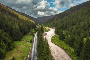 Aerial view of the forest and mountains in the Carpathians, beautiful landscape. Tourism, travel, Ukraine