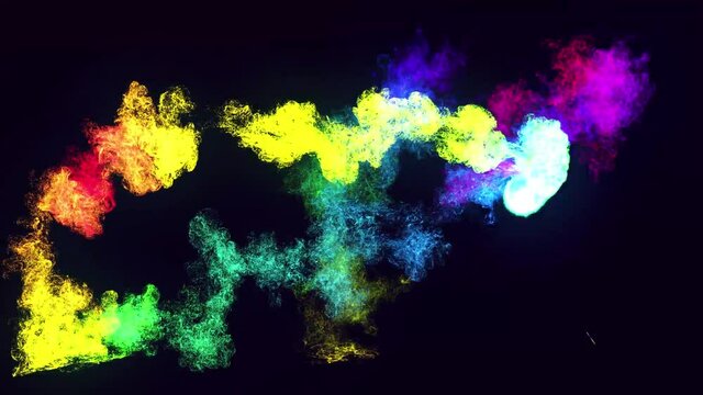 emitter ball of colored particles sweeps around camera leaving swirl of glow particles. Ink effect. Luma matte as alpha channel. Rainbow cloud of particles like ink in water on black background