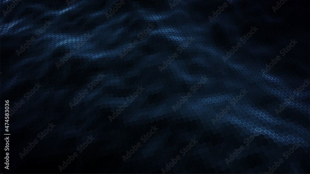 Poster abstract blue background. dark hexagon pattern. virtual computer landscape. technology style. sci-fi