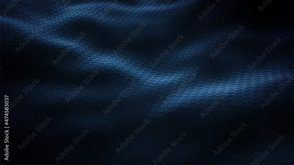 Poster abstract blue background. dark hexagon pattern. virtual computer landscape. technology style. sci-fi