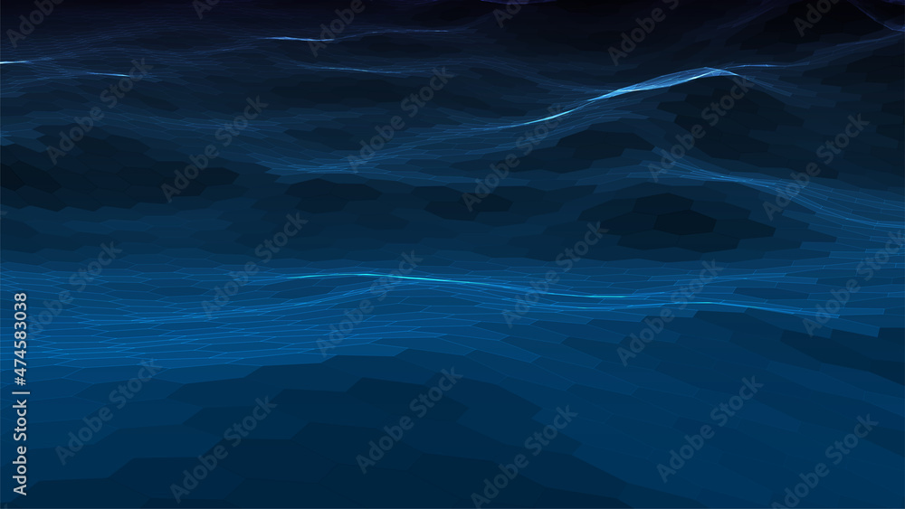 Poster abstract blue background. dark hexagon pattern. virtual computer landscape. technology style. sci-fi