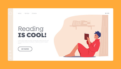 Education, Reading Landing Page Template. Woman Character Sitting on Floor Read Book. Student Prepare to Exam