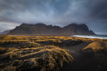 Vestrahorn mountain and black sand beach in stokksnes peninsula Iceland