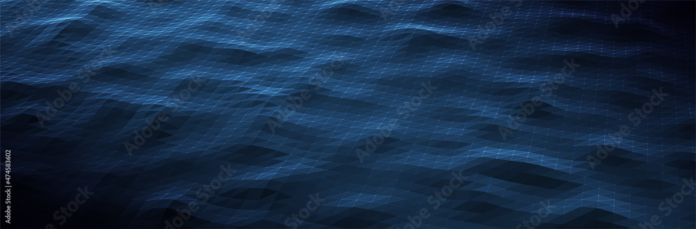 Poster abstract blue background. dark low poly triangle pattern. virtual computer landscape. technology sty