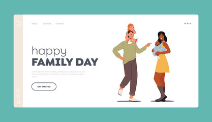Happy Family Day Landing Page Template. Multiracial Loving Parents with Babies. Mother and Father Hold Children on Hands