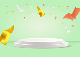 Abstract scene background. Cylinder podium background with confetti and ribbons. Product presentation, mock up, show.