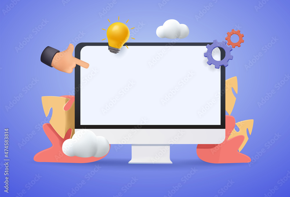 Poster mock up desktop computer. screen device mockup blank monitor. creative concept idea. realistic 3d de